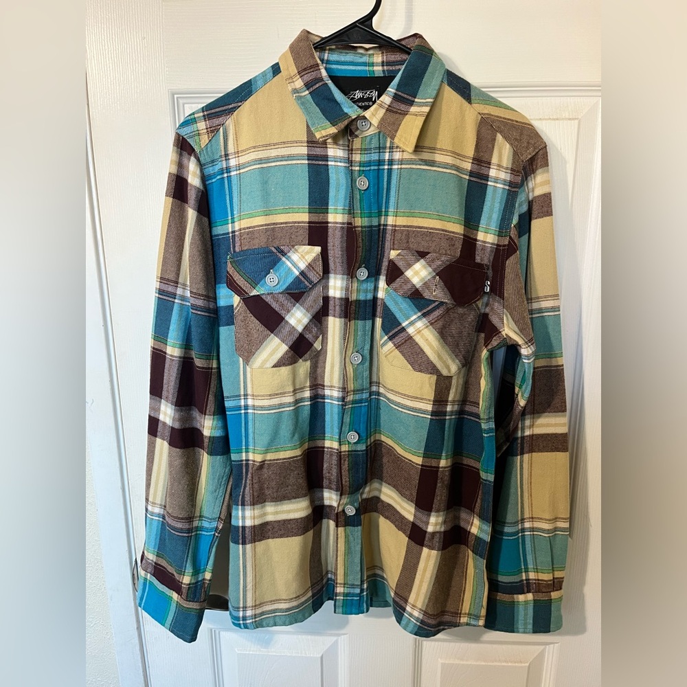 Vintage Stussy Plaid Flannel Button-Up Shirt Multicolor Long Sleeve Size M